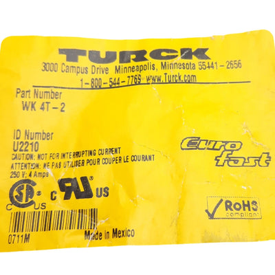 New Turck WK 4.4T-2 Cordset Cable, 90 Degree 4-Pin M12 Female to Flying Leads, 2m