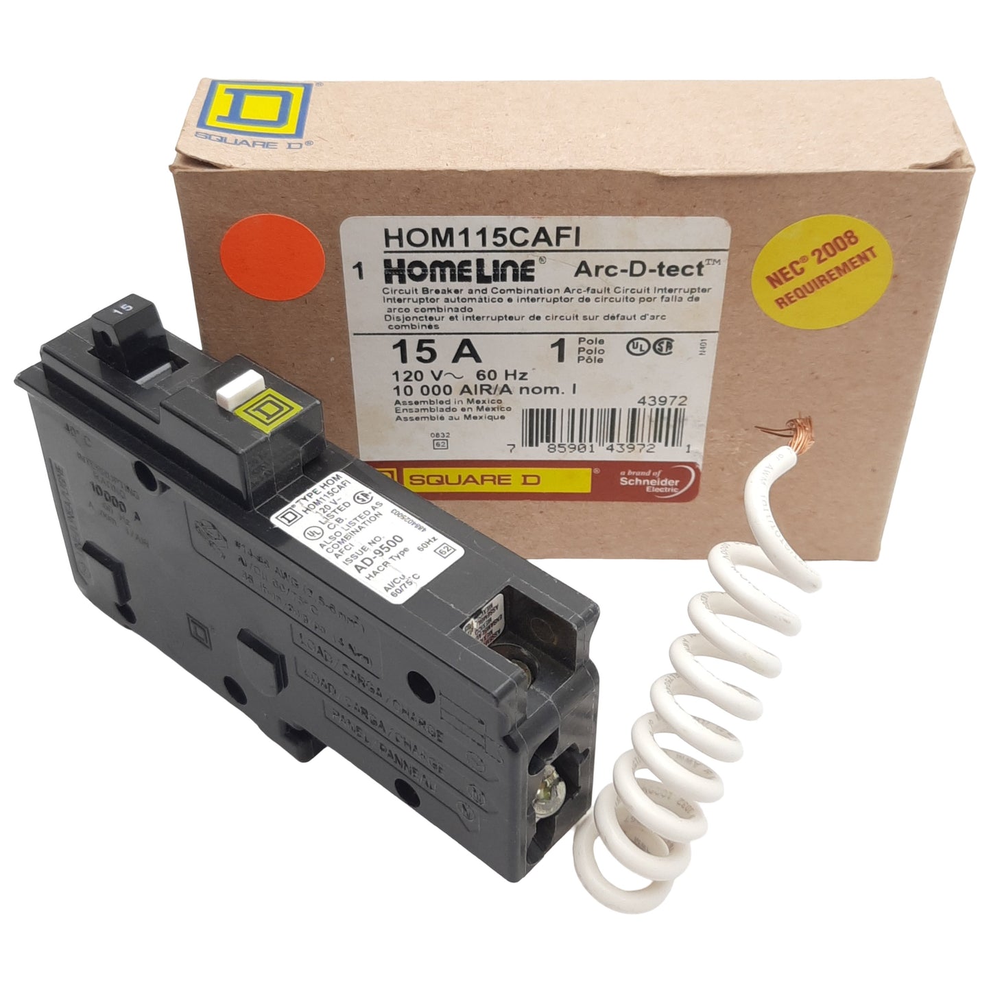 New Square-D HOM115CAFI Mini Circuit Breaker, 1-Pole, 15A, 120VAC, Plug-On