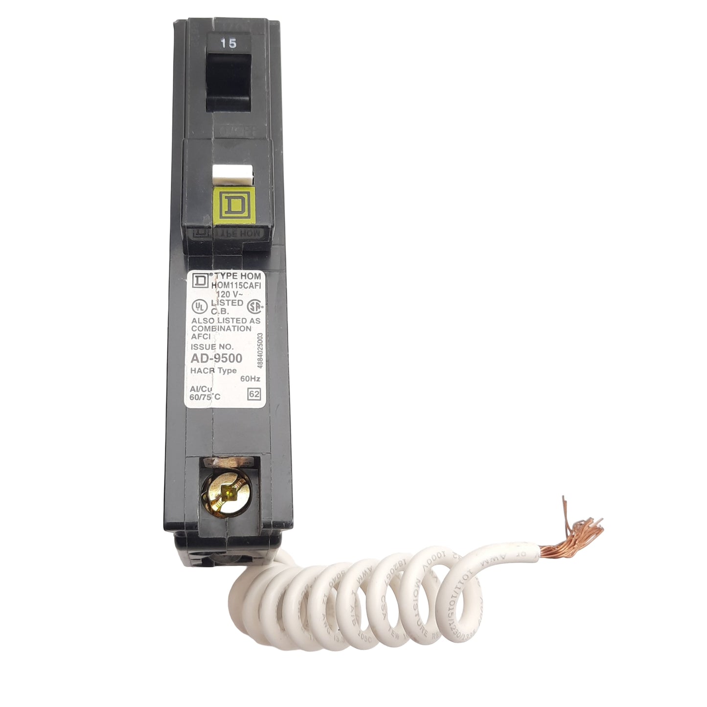 New Square-D HOM115CAFI Mini Circuit Breaker, 1-Pole, 15A, 120VAC, Plug-On