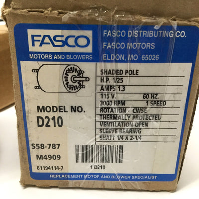 New – Open box Fasco D210 Shaded Pole AC Fan Motor 115VAC 60Hz 1.3A, 3000RPM, 1/25HP, Ø3.3"