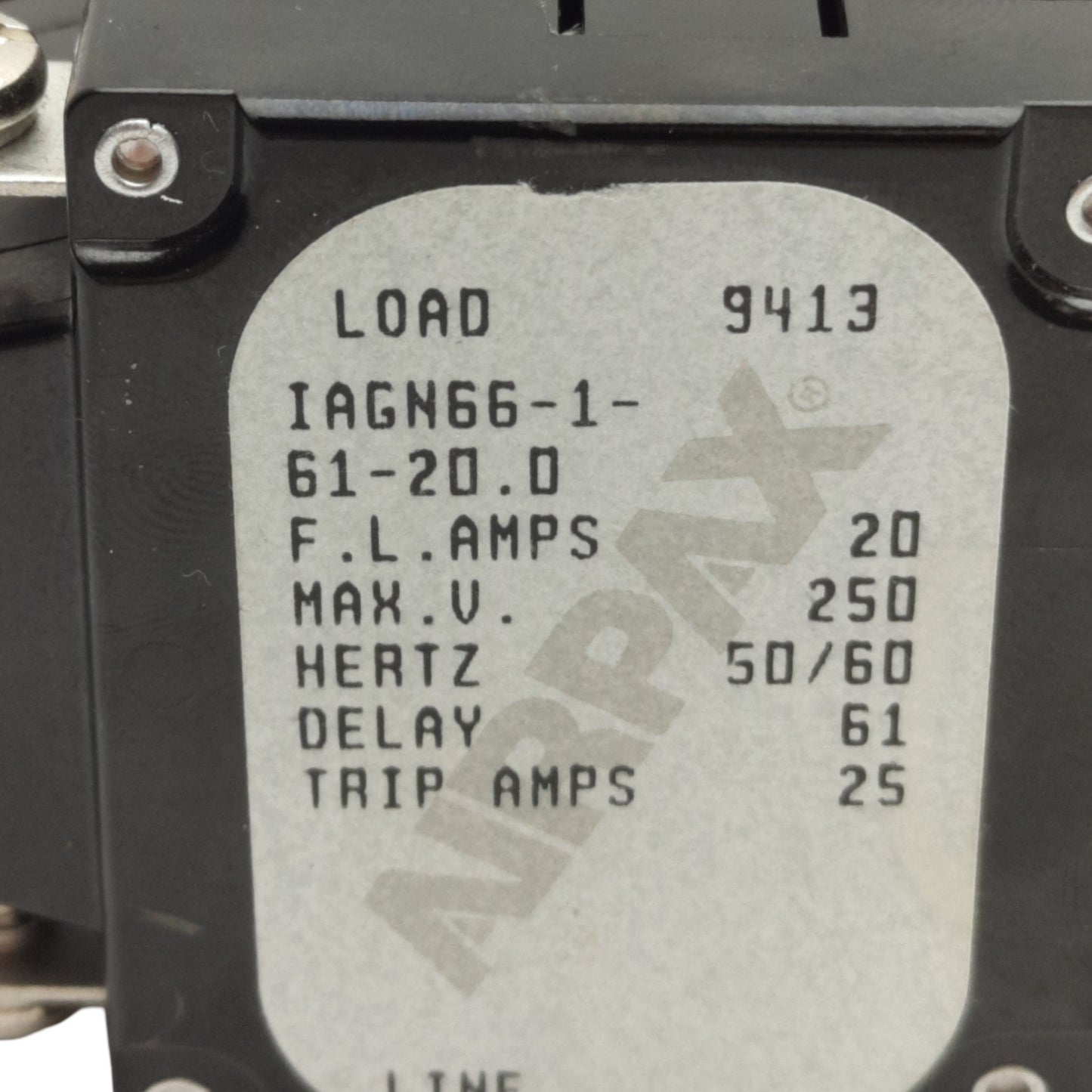 Used Airpax IAGN66-1-61-20.0 Magnetic Circuit Breaker, 20A 2-Pole, 250VAC/80VDC