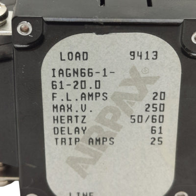 Used Airpax IAGN66-1-61-20.0 Magnetic Circuit Breaker, 20A 2-Pole, 250VAC/80VDC