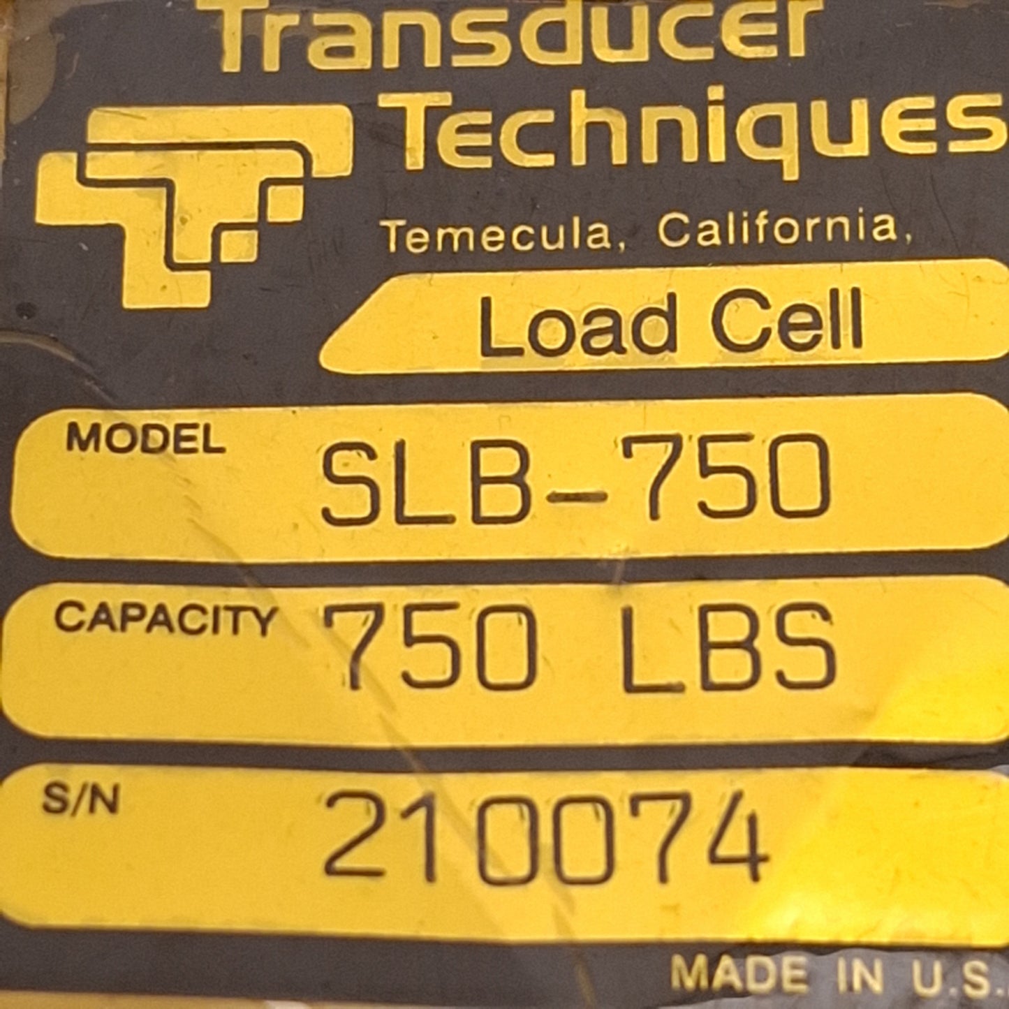 Used Transducer Techniques SLB-750 Load Cell, 750lb Capacity, 10VDC Excitation, 2mV/V