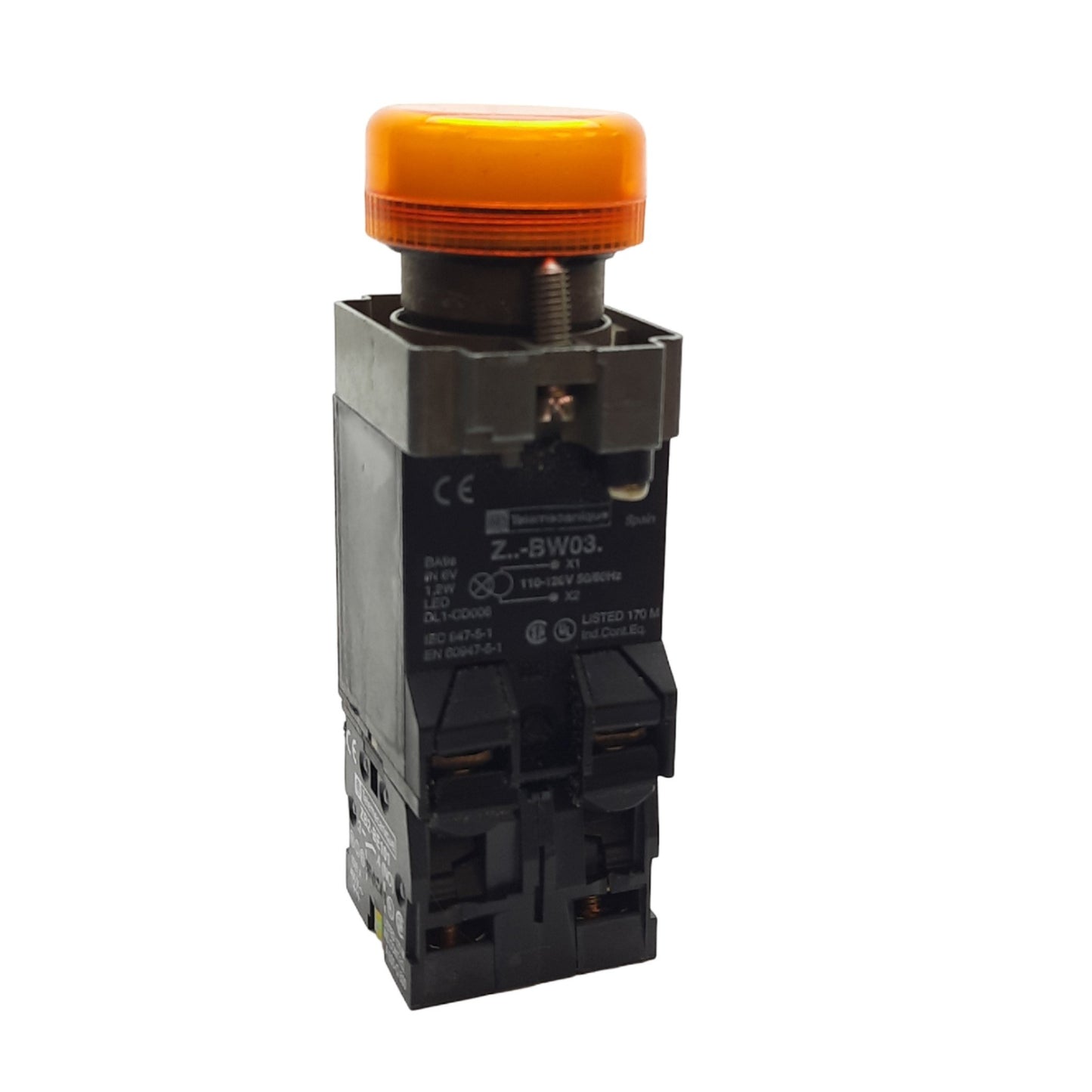 Used Telemecanique ZB2BV05 Pilot Light, 1 NO & 1 NC, 400VAC 10A, Amber, 22mm