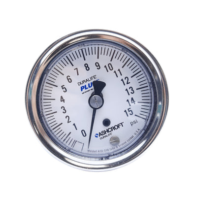 New Ashcroft 25-1009-AW-02B-15#, Duralife Pressure Gauge, 2 1/2" Dial Size, 0-15 PSI