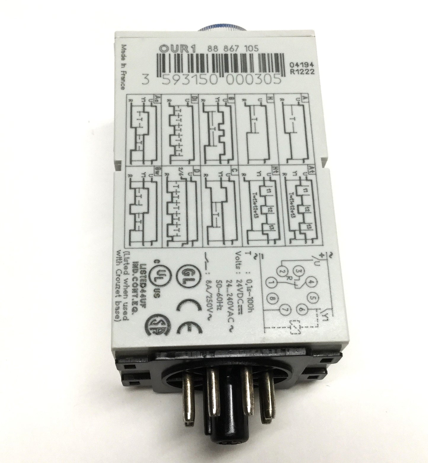 Used Crouzet OUR1 88867105 Timer Relay, 0.1s to 100hr, 24VDC/24-240VAC, 8A 250VAC