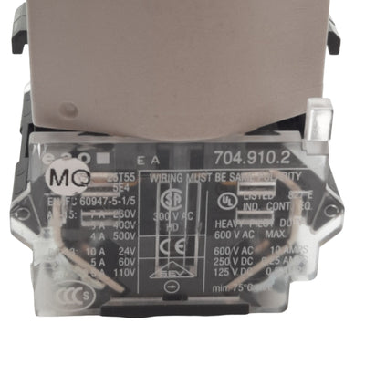 Used EAO 704.910.2 E Stop Button Twist Release, 500 VAC, 250 VDC, 10A, 1-NC
