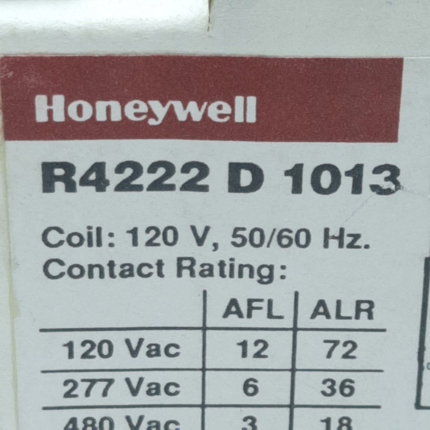 New Honeywell R4222D-1013 Switching Relay, DPDT, 10/15A 277/480VAC, 120VAC Coil