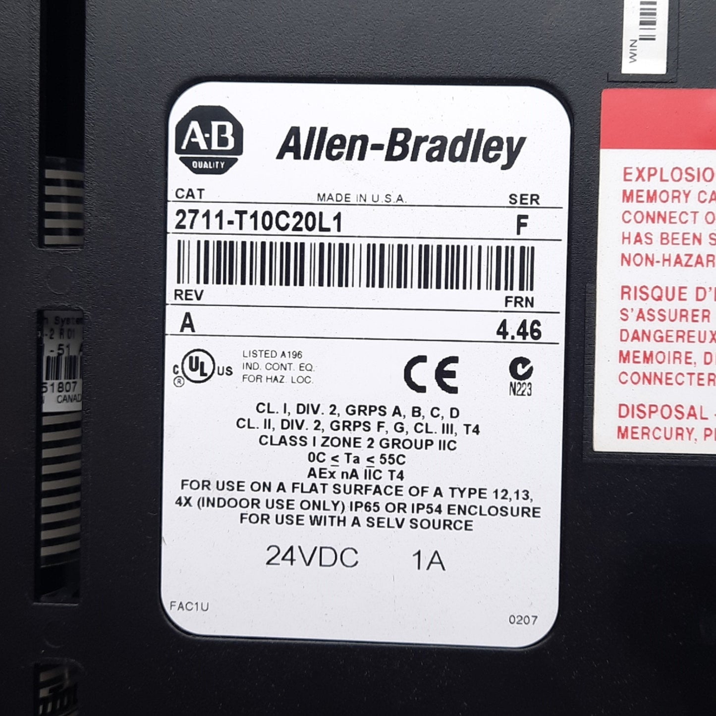 Used Allen Bradley 2711-T10C20L1 Operator Interface w/ Touchscreen, 640x480, 24VDC