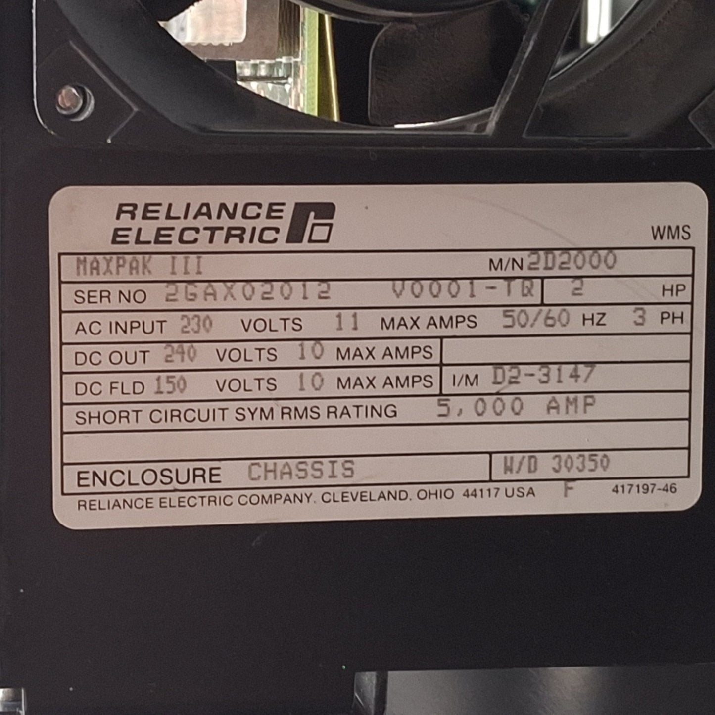 Used Reliance Electric Maxpak III VS Drive 3Ø 230VAC 11A Input, 240VDC 10A Output 2HP