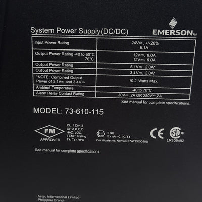 New Emerson 73-610-115 Delta V System Power Supply, Input 24VDC 6.1A Output 12VDC 8A