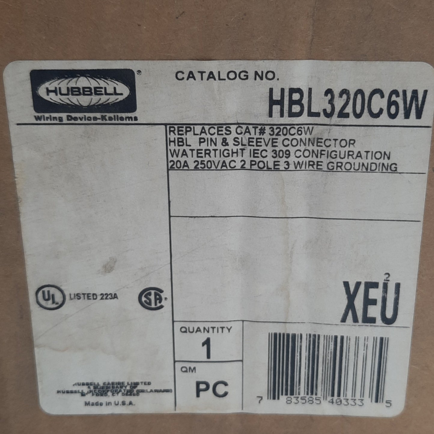 New Hubbell HBL320C6W Pin & Sleeve Connector, 20A, 250 VAC, 2 Pole, 3 Wire Grounding