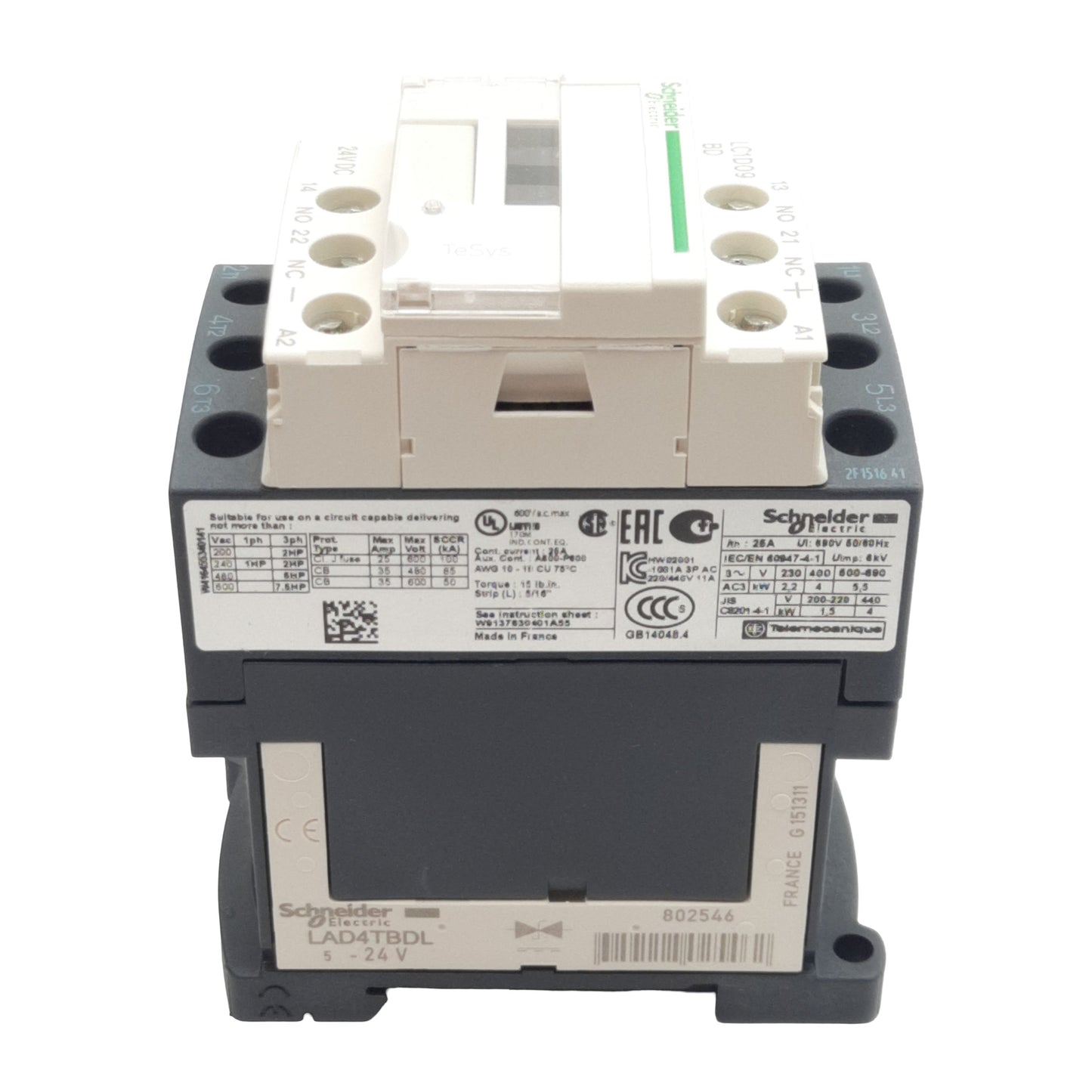 New Schneider Electric LC1D09BD Contactor, 3-Pole 3PST-NO, 9A 690VAC, 24VDC Coil