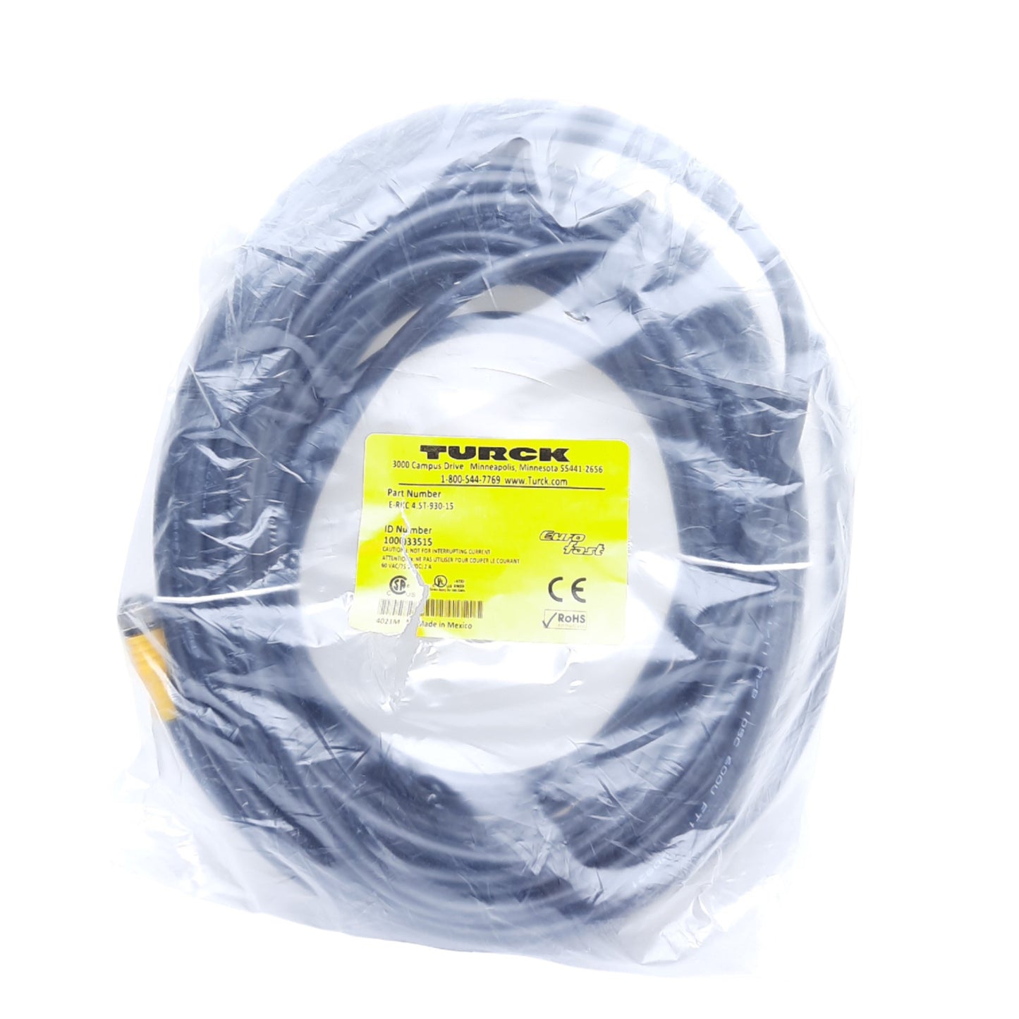 New Turck E-RKC 4.5T-930-15 Single-Ended Cordset M12 5-Pin Female, 60VAC/75VDC