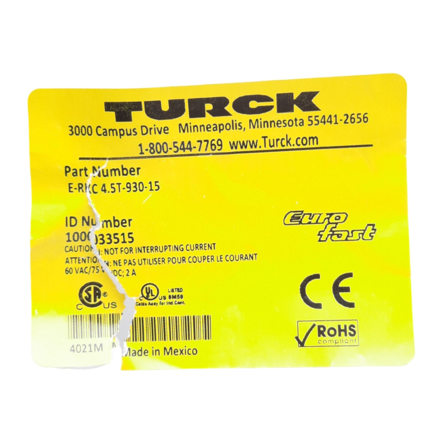 New Turck E-RKC 4.5T-930-15 Single-Ended Cordset M12 5-Pin Female, 60VAC/75VDC