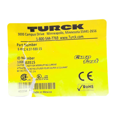 New Turck E-RKC 4.5T-930-15 Single-Ended Cordset M12 5-Pin Female, 60VAC/75VDC