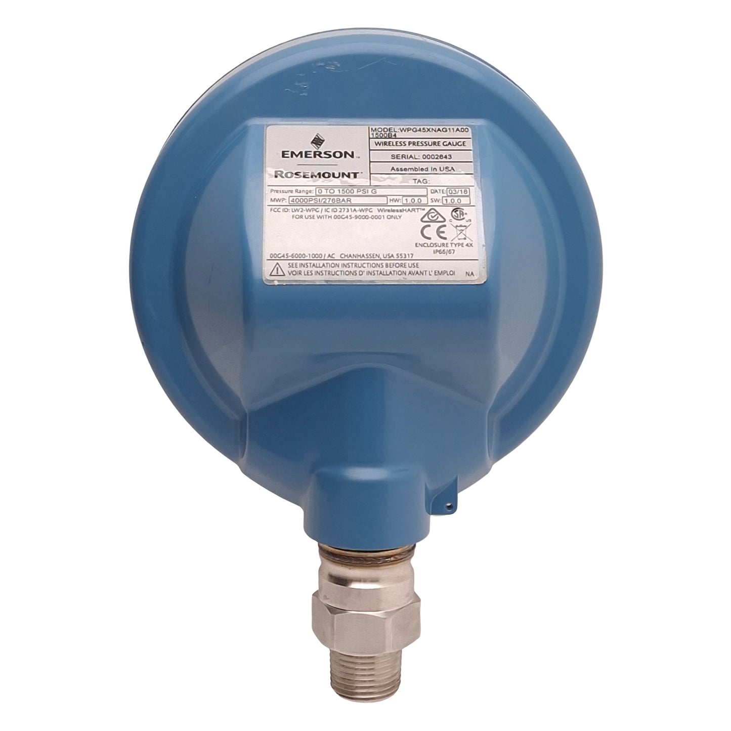 Used Rosemount WPG45XNAG11A001500B4 Wireless Pressure Gauge, 0-1500psi, 1/2in NPT