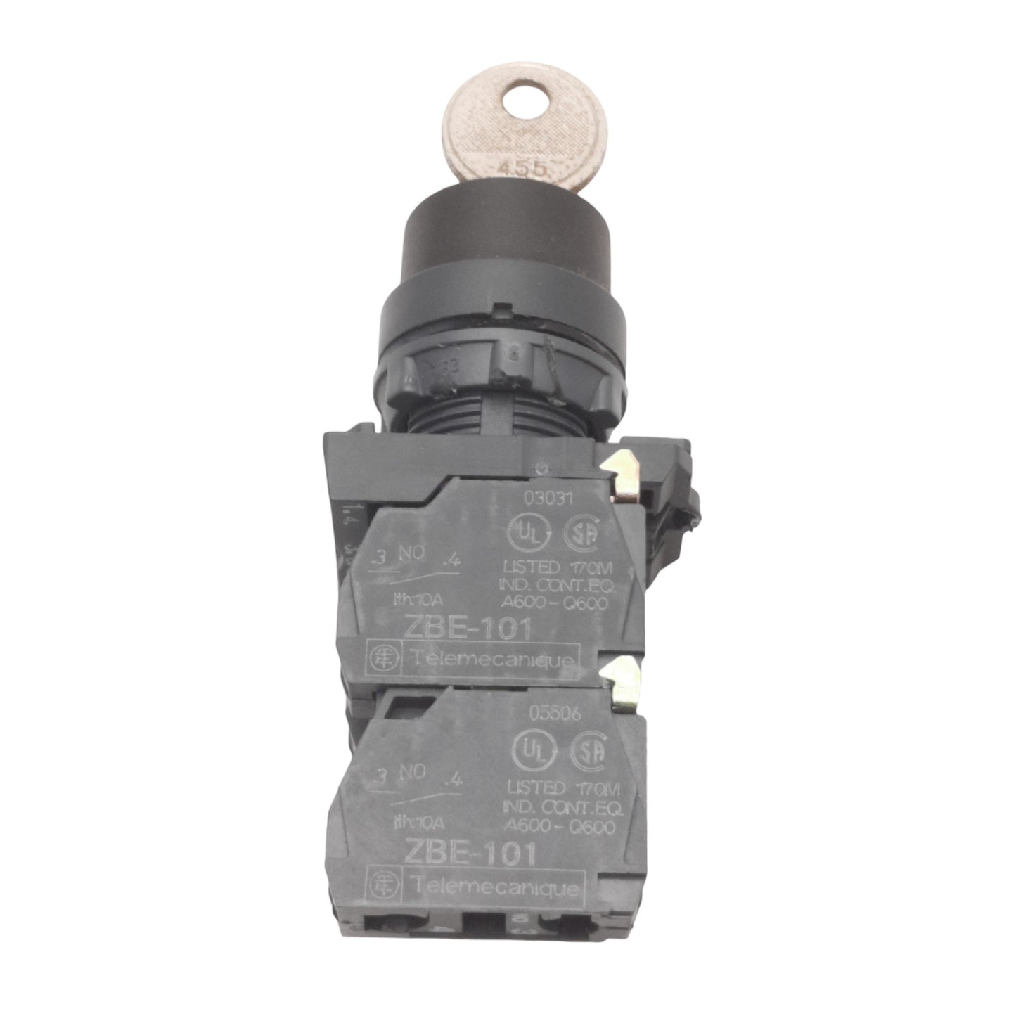 Used Telemecanique ZB4BG9 Keyed Selector Switch, 3-Pos, 2NO+1NC Contacts, 600V 10A