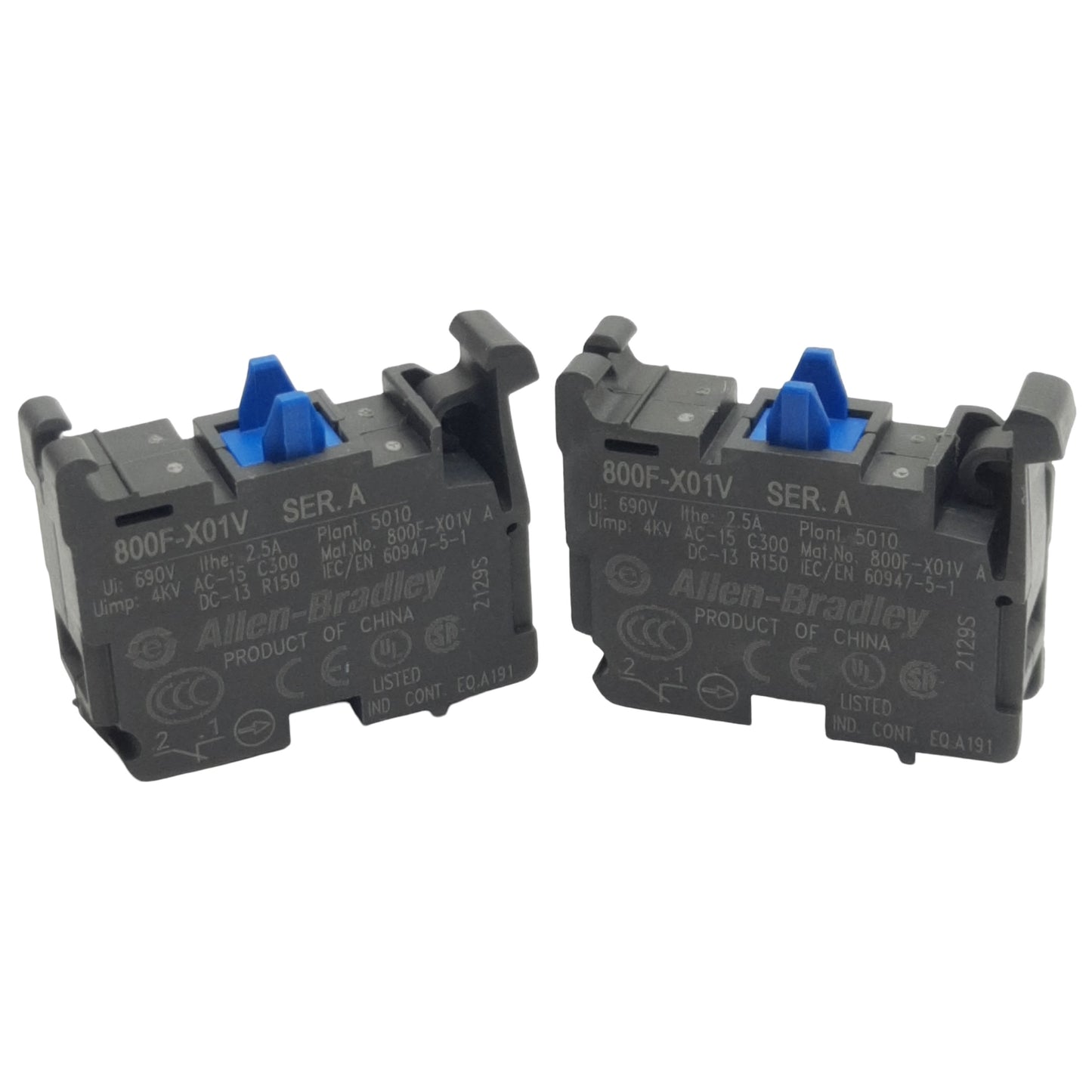 New Lot of 2 Allen Bradley 800F-X01V Pushbutton Contact Block, 1NC, 10A 600VAC, 22mm