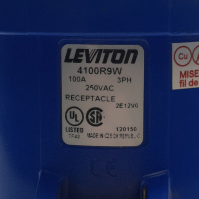 New Leviton 4100R9W IEC Pin & Sleeve Receptacle, 100A, 250 VAC 3 Phase, 3 Poles, 4W