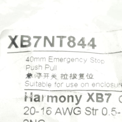 New Schneider Electric XB7NT844 Emergency Stop Pushbutton, 2NC, 125VDC/120VAC, 22mm