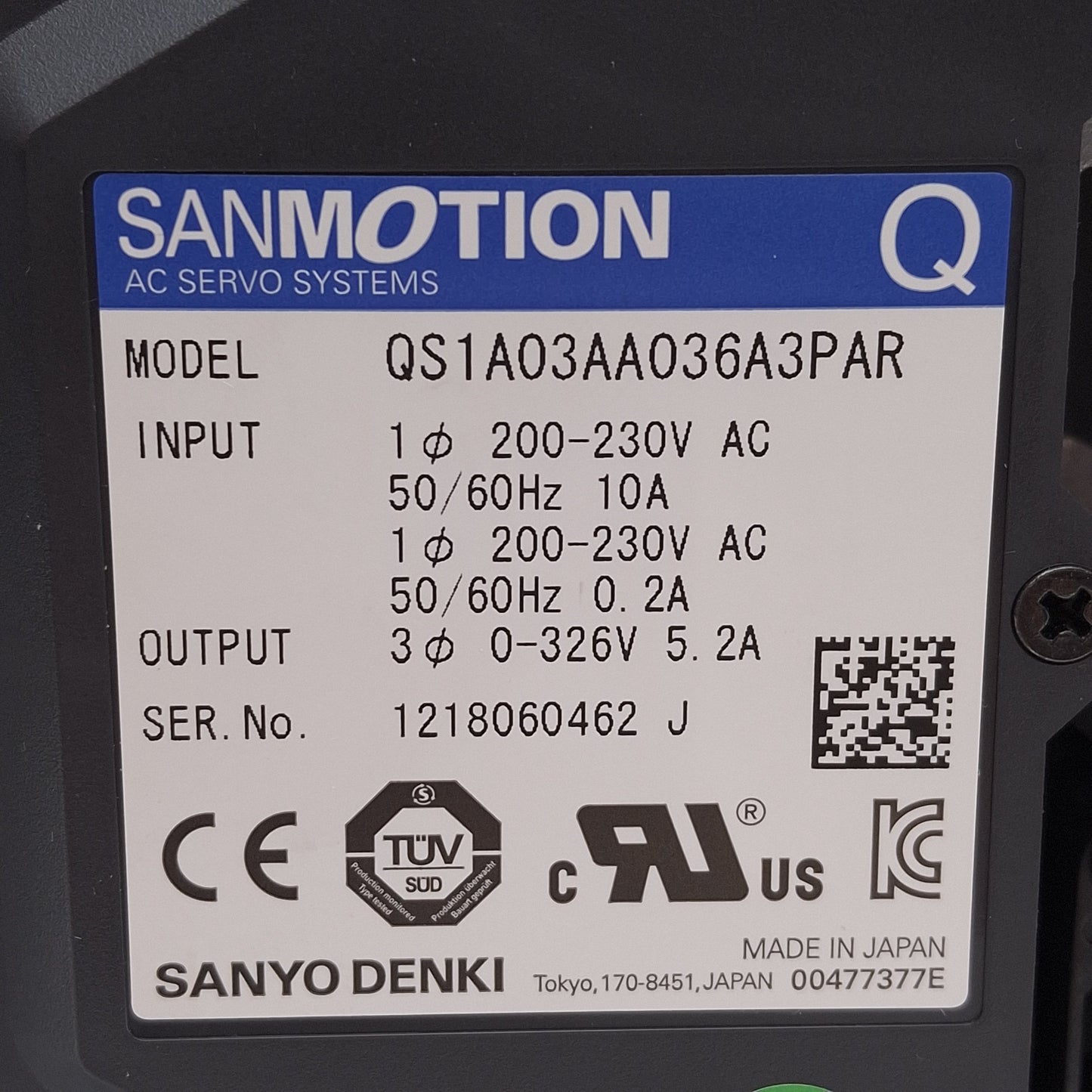 Used Sanyo Denki QS1A03AA SANMOTION Servo Amplifier 1Ø 200-230VAC In, 3Ø 0-326VAC Out