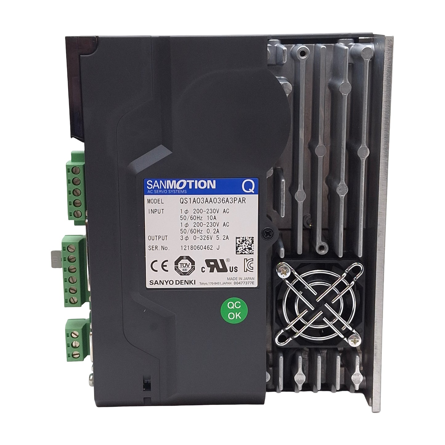 Used Sanyo Denki QS1A03AA SANMOTION Servo Amplifier 1Ø 200-230VAC In, 3Ø 0-326VAC Out