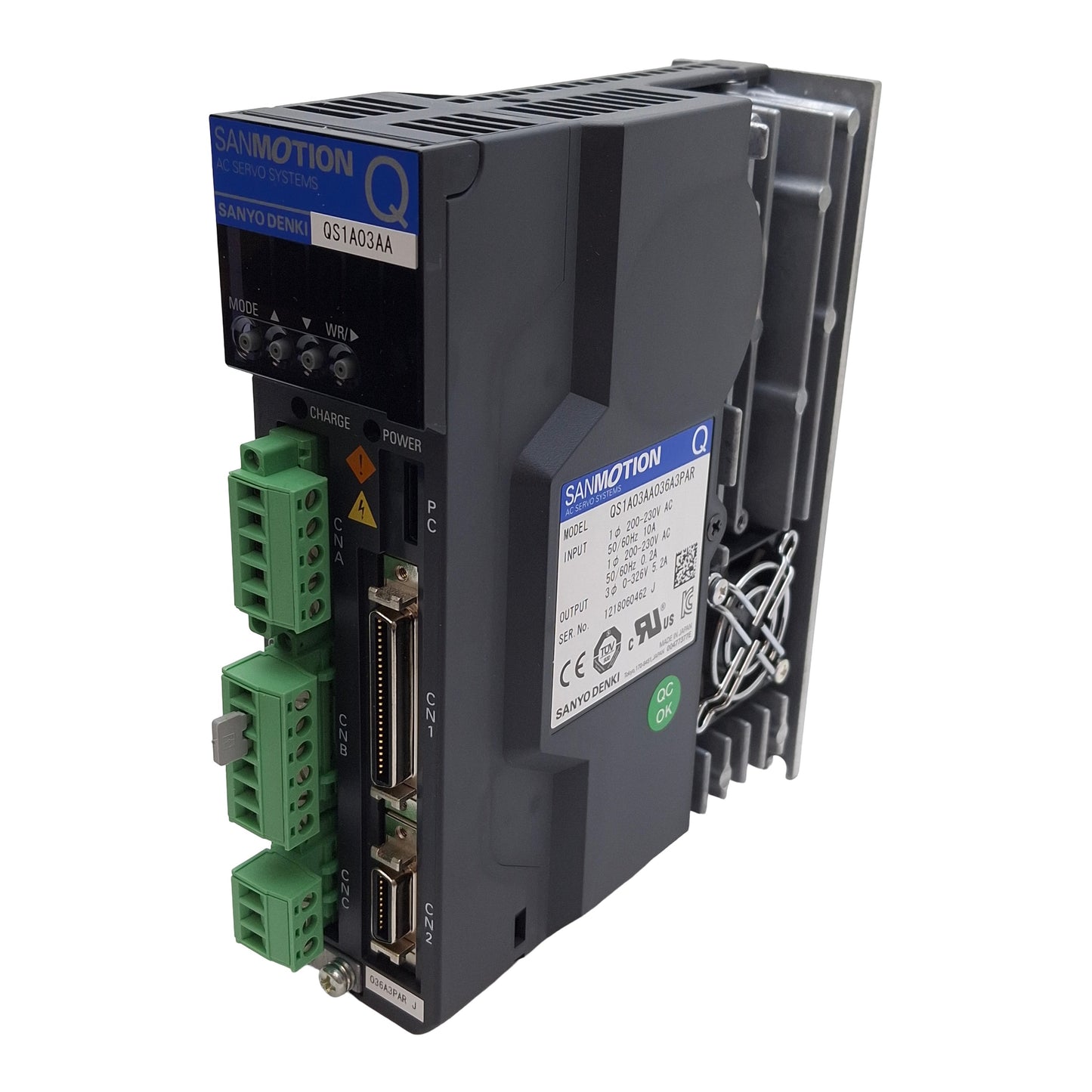 Used Sanyo Denki QS1A03AA SANMOTION Servo Amplifier 1Ø 200-230VAC In, 3Ø 0-326VAC Out