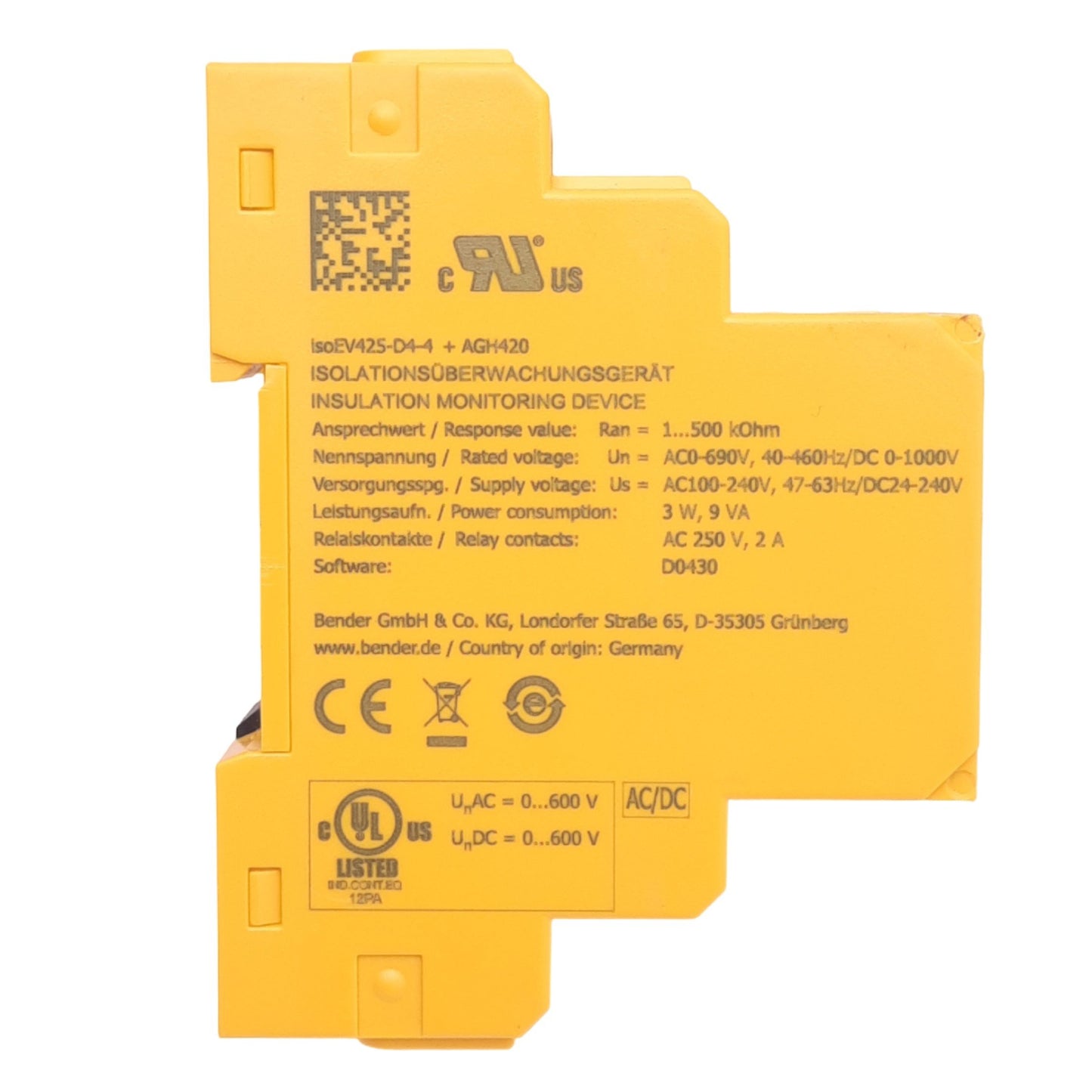 Used Bender isoEV425-D4-4 ISOMETER Insulation Monitoring Device, 100-240VAC/24-240VDC