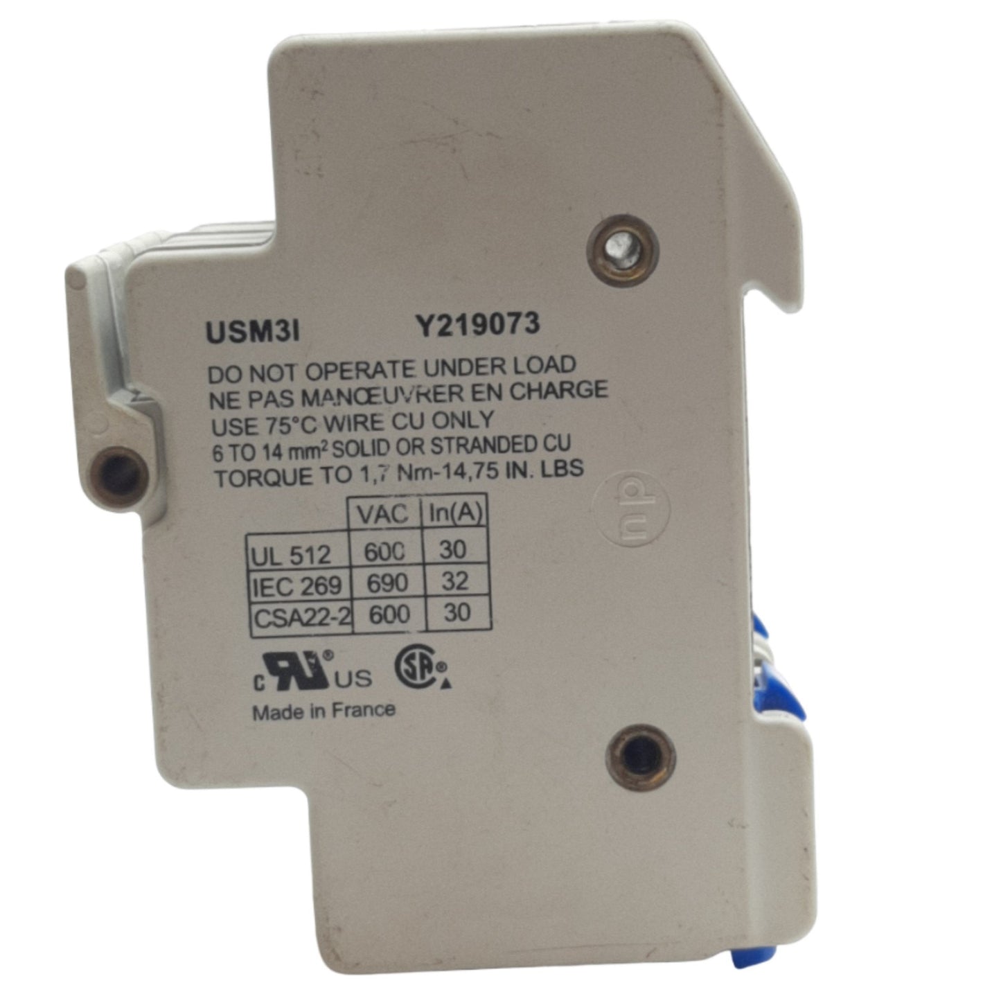 Used Ferraz Shawmut USM3I Fuse Holder, For Midget Fuses, 600VAC/VDC 30A, 3 Pole