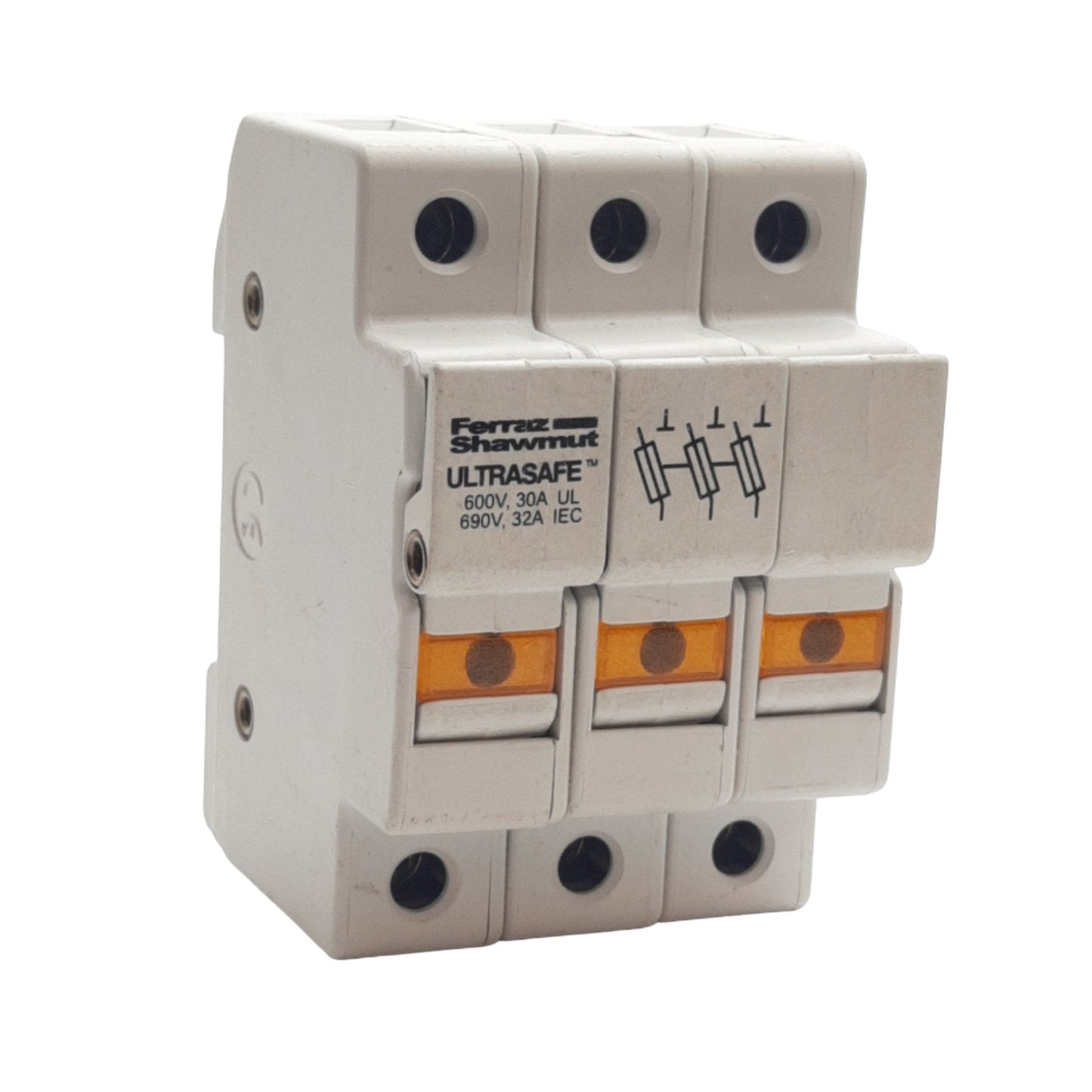 Used Ferraz Shawmut USM3I Fuse Holder, For Midget Fuses, 600VAC/VDC 30A, 3 Pole
