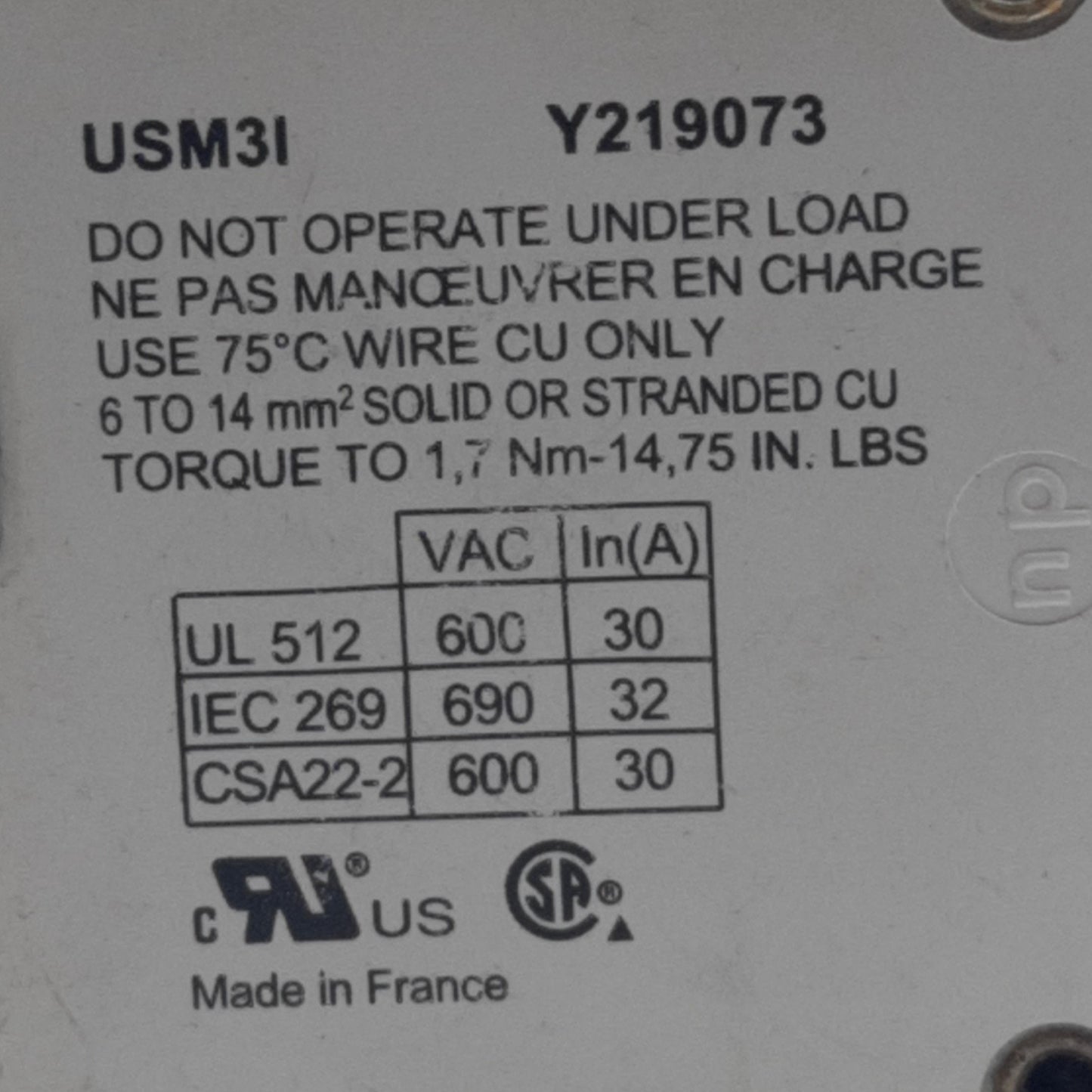 Used Ferraz Shawmut USM3I Fuse Holder, For Midget Fuses, 600VAC/VDC 30A, 3 Pole