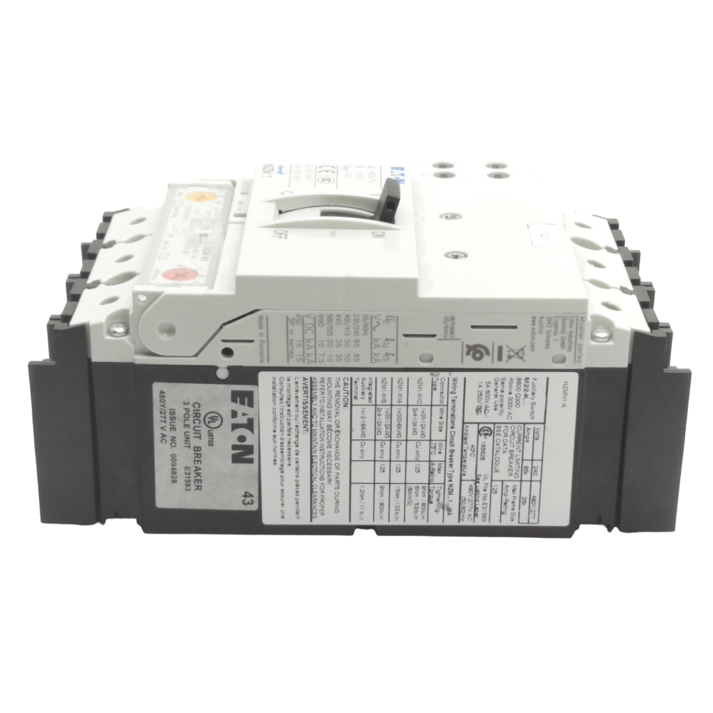 Used Eaton NZMN1-A80-NA Circuit Breaker 63-80A, 690VAC/500VDC, 3-Poles