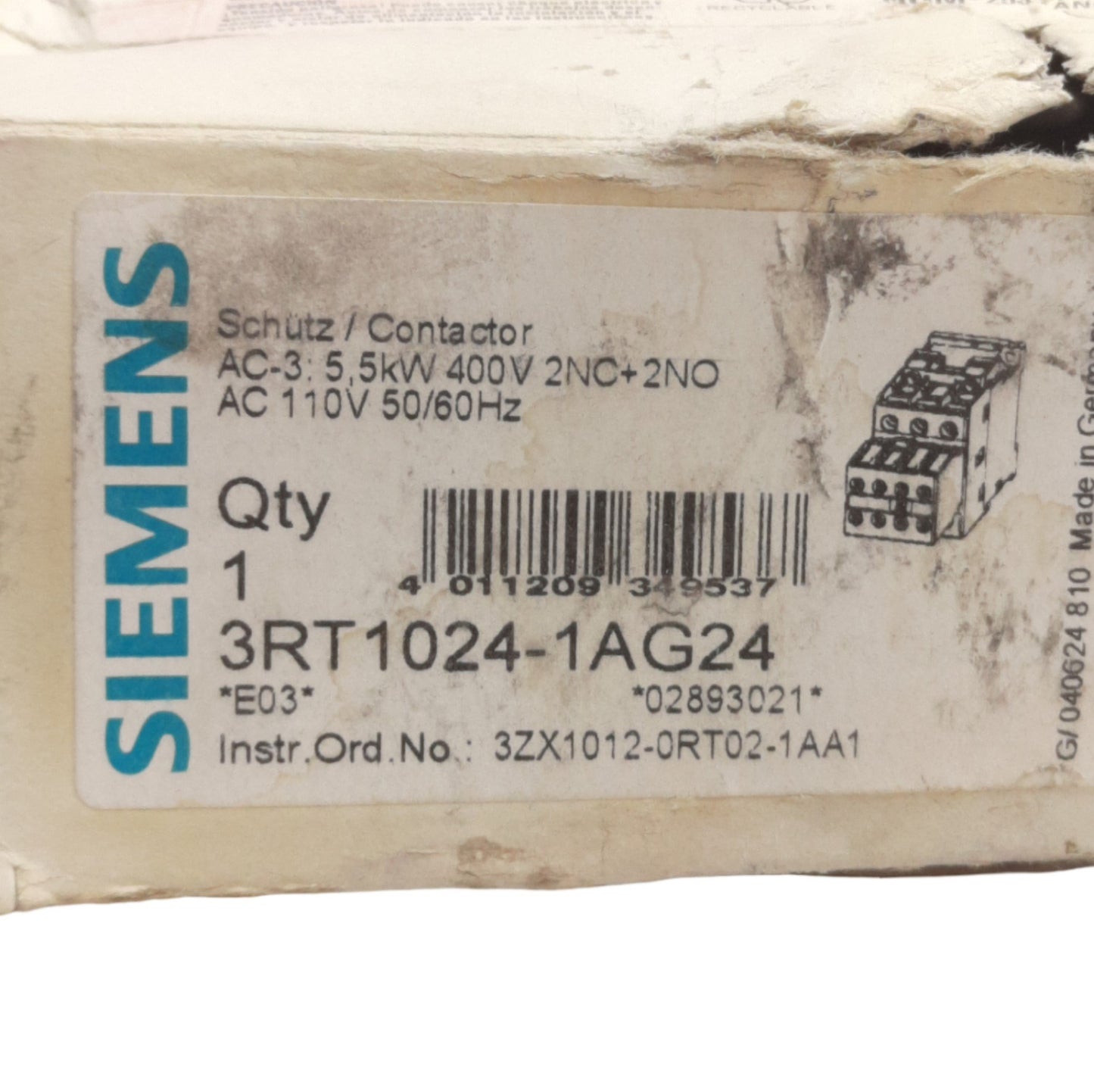 New Siemens 3RT1024-1AG24 Contactor 3P NO & 2NO+2NC Aux, 12A 400VAC, 110VAC Coil