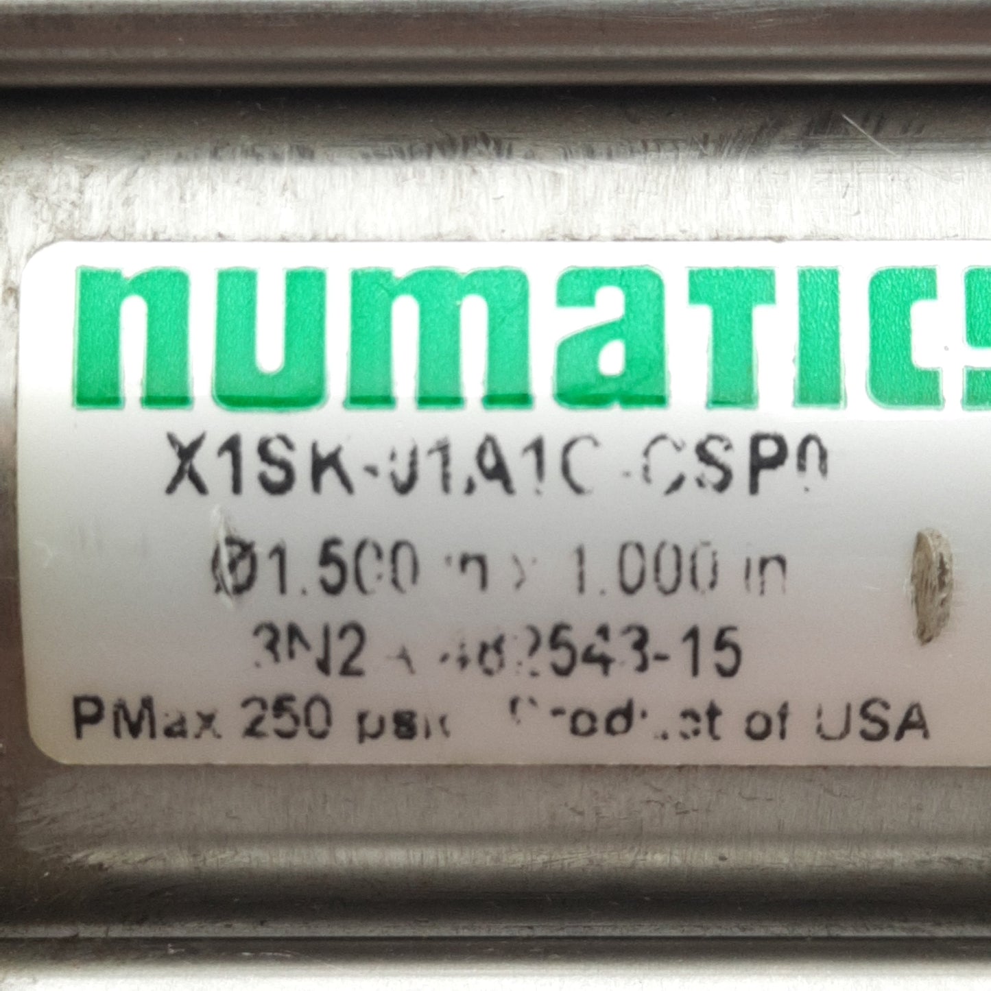 Used Numatics X1SK-01A1C-CSP0 Pneumatic Cylinder, ø1.5in Bore, 1in Stroke, 1/4in NPT