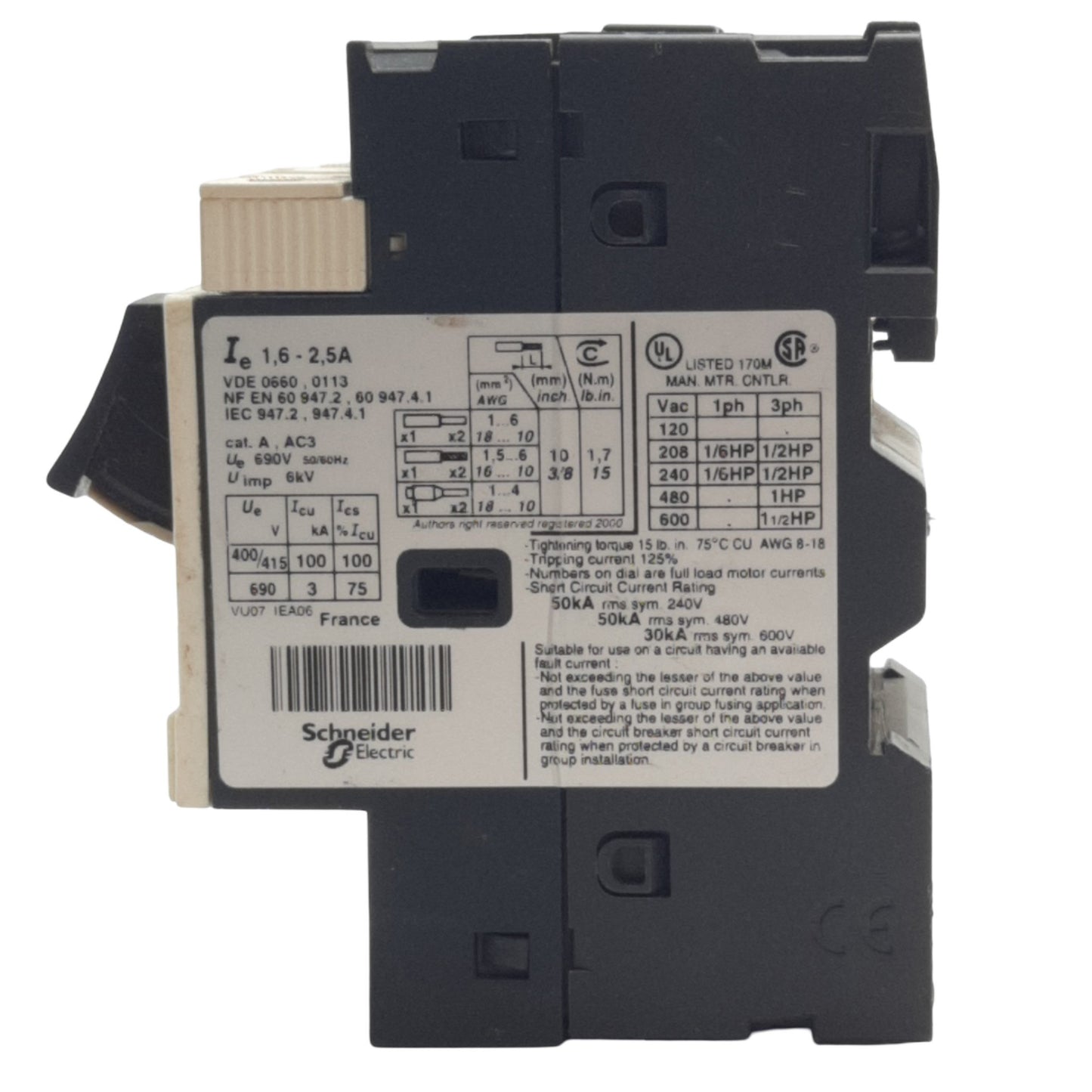 Used Telemecanique GV2ME07 Manual Motor Starter Circuit Breaker 3-Pole 690V, 1.6-2.5A