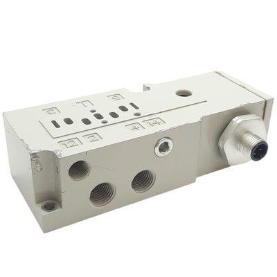 Used Asco Numatics 8502AA3A2M56Y20 Valve Base, 1/4 NPTF Port, 18mm Valve, 4 pin M12