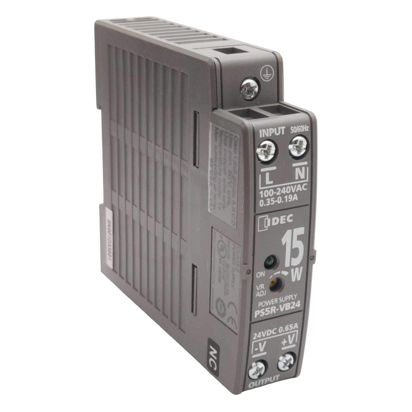 Used Idec PS5R-VB24 Power Supply, 100-240VAC In, 24VDC 0.65A 15W Out, DIN Rail