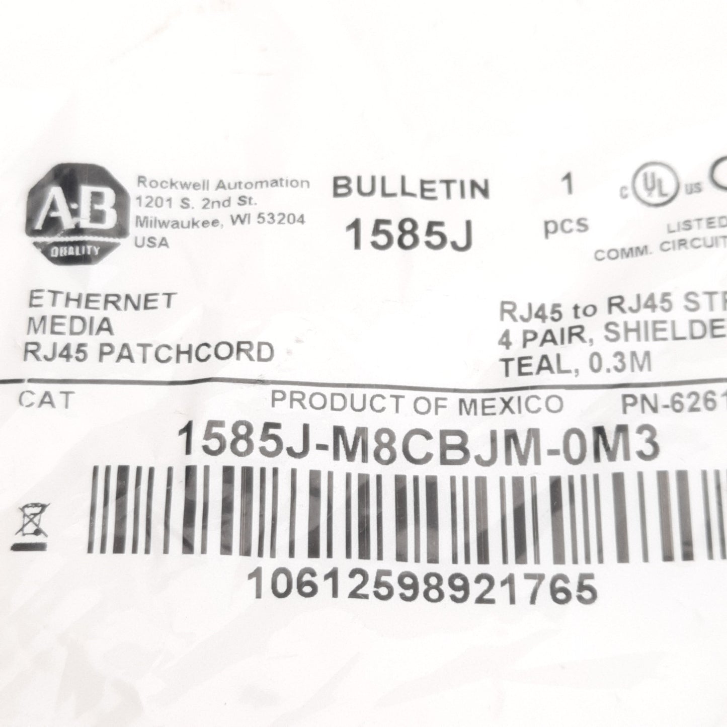 New Allen Bradley 1585J-M8CBJM-0M3 Ethernet Cordset, RJ45 Male to RJ45 Male, 0.3m