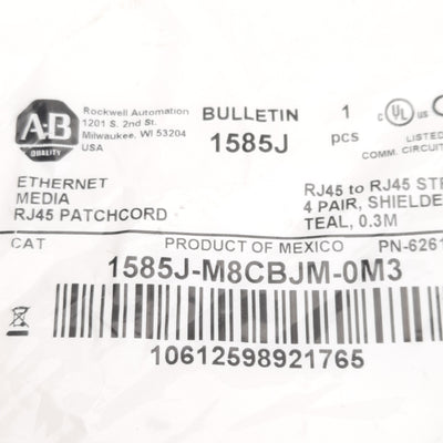 New Allen Bradley 1585J-M8CBJM-0M3 Ethernet Cordset, RJ45 Male to RJ45 Male, 0.3m