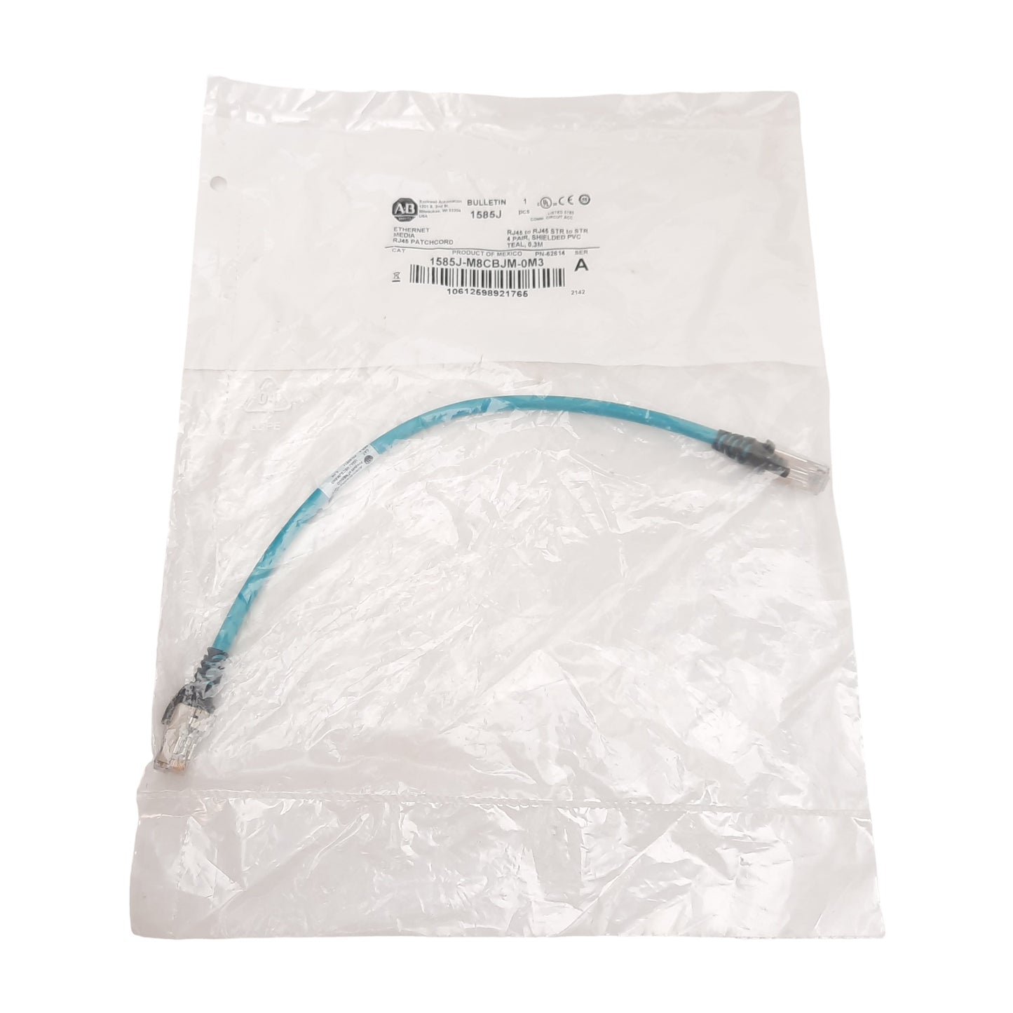 New Allen Bradley 1585J-M8CBJM-0M3 Ethernet Cordset, RJ45 Male to RJ45 Male, 0.3m