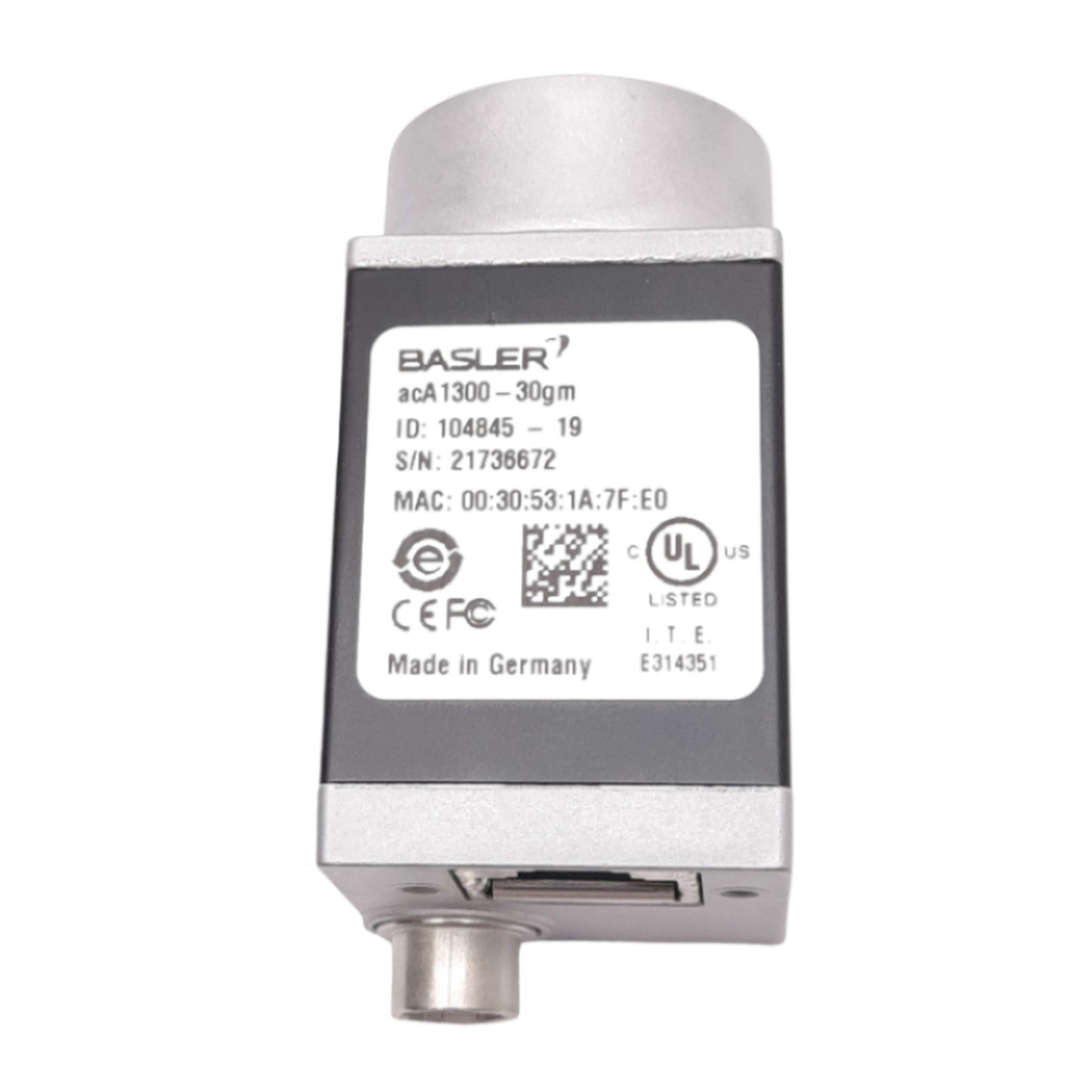 Used Basler acA1300-30gm GigE Camera, 1/3in, 1296x966, 30fps, 12VDC, RJ45, C-Mount