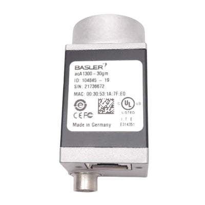 Used Basler acA1300-30gm GigE Camera, 1/3in, 1296x966, 30fps, 12VDC, RJ45, C-Mount