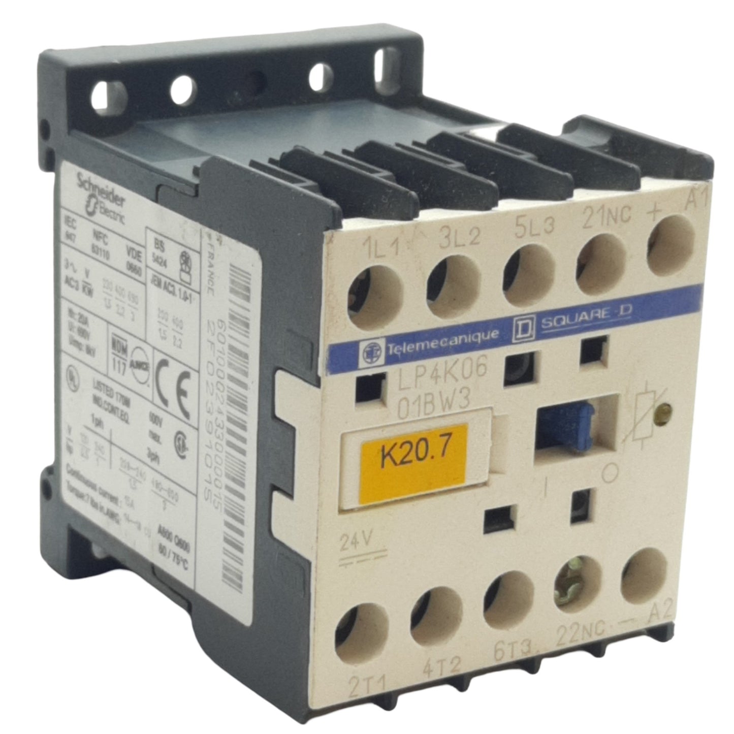 Used Telemecanique LP4K0601BW3 Contactor, 3-Pole + 1NC Aux, 24VDC Coil, 600V 20A