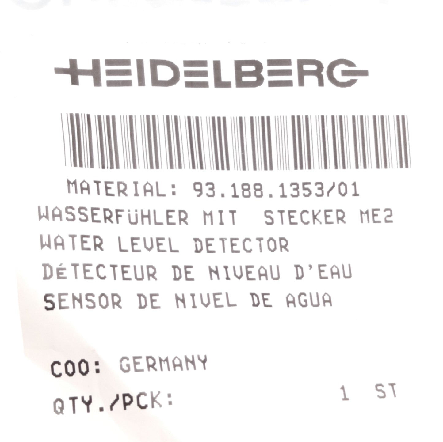 New Heidelberg 93.188.1353 Water Level Detector, Old Style, With 4-Pin Male Plug