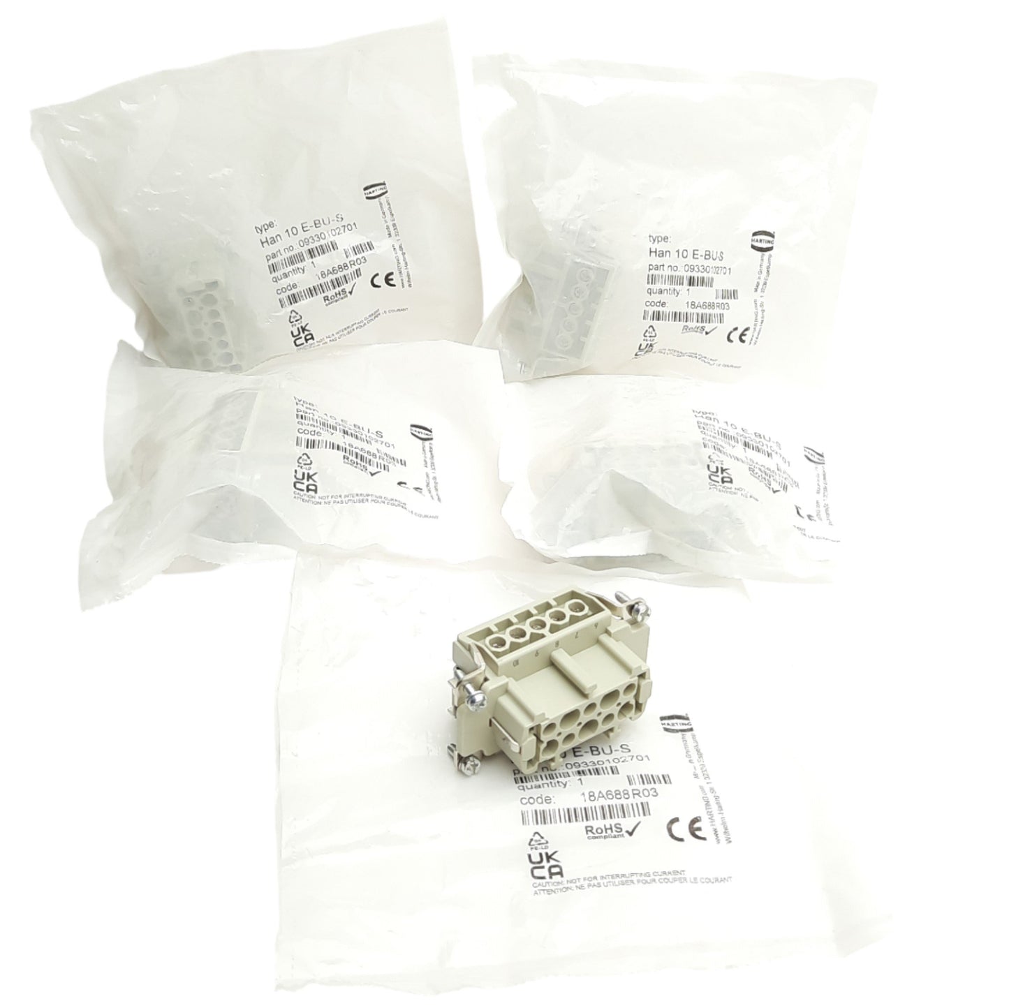 New Lot of 5 Harting 0933012701 Female Connectors 10p + PE, 500V 16A, Screw Terminal