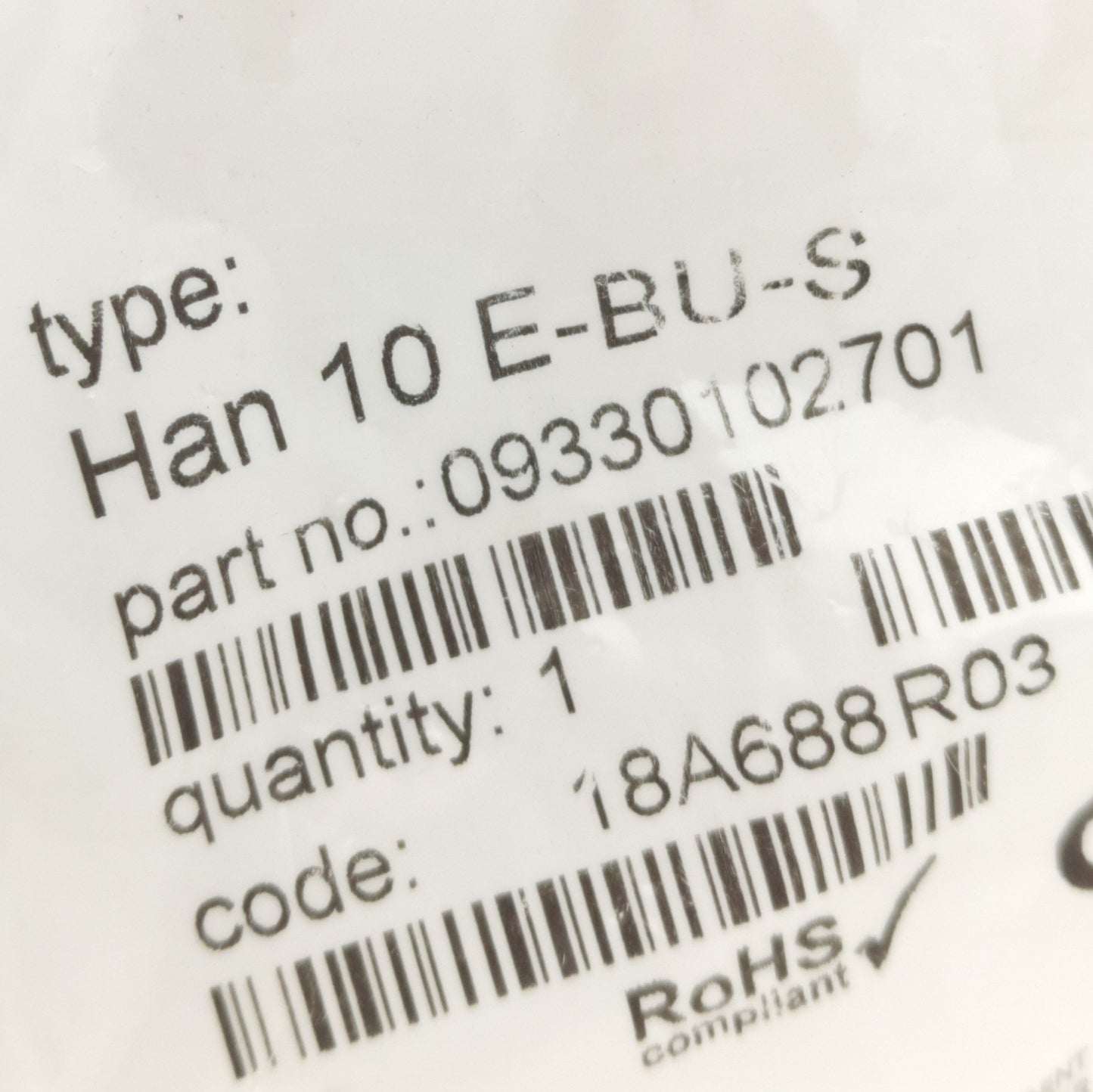 New Lot of 5 Harting 0933012701 Female Connectors 10p + PE, 500V 16A, Screw Terminal