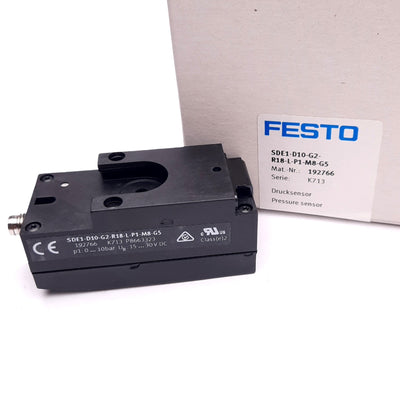 New Festo SDE1-D10-G2-R18-L-P1-M8-G5 Pressure Sensor, 0-10bar, 1 PNP Output, M8 3-P
