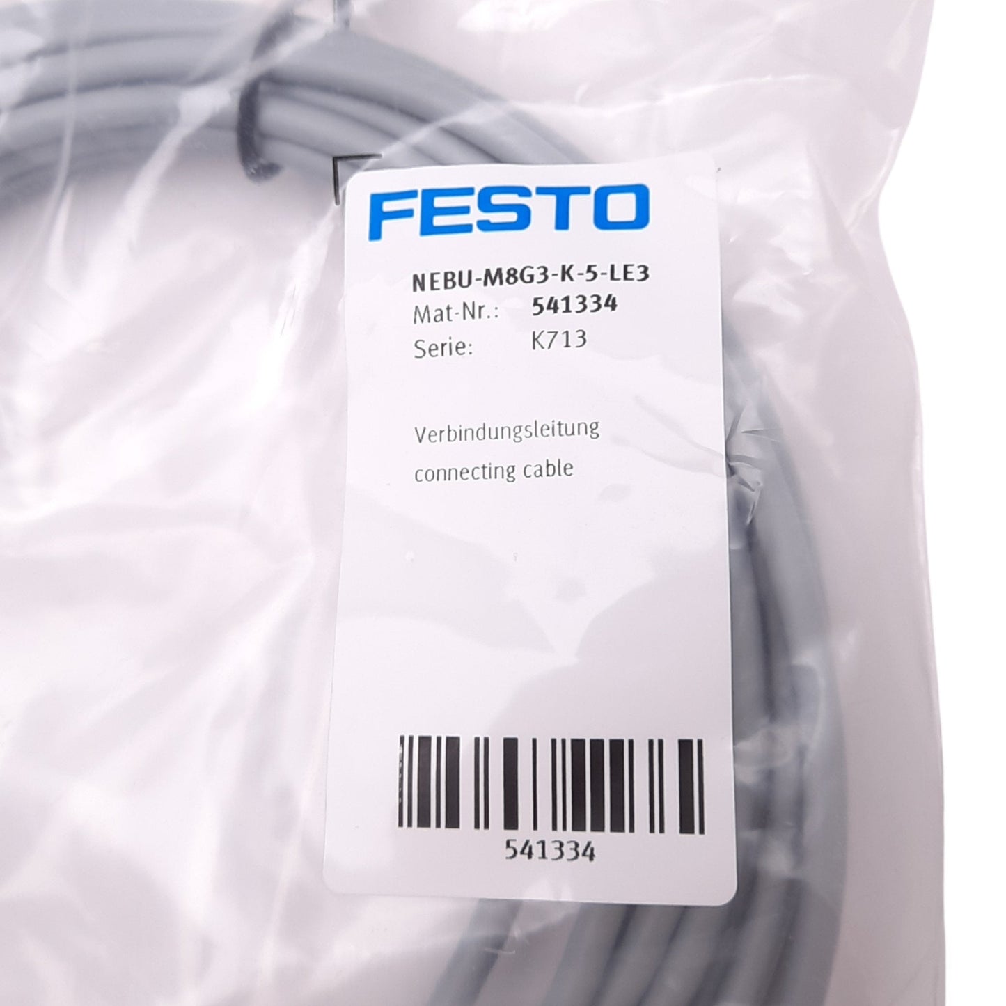 New Festo NEBU-M8G3-K-5-LE3 Cable for Pressure Sensor, M8 3-Pin Female, 5m Length