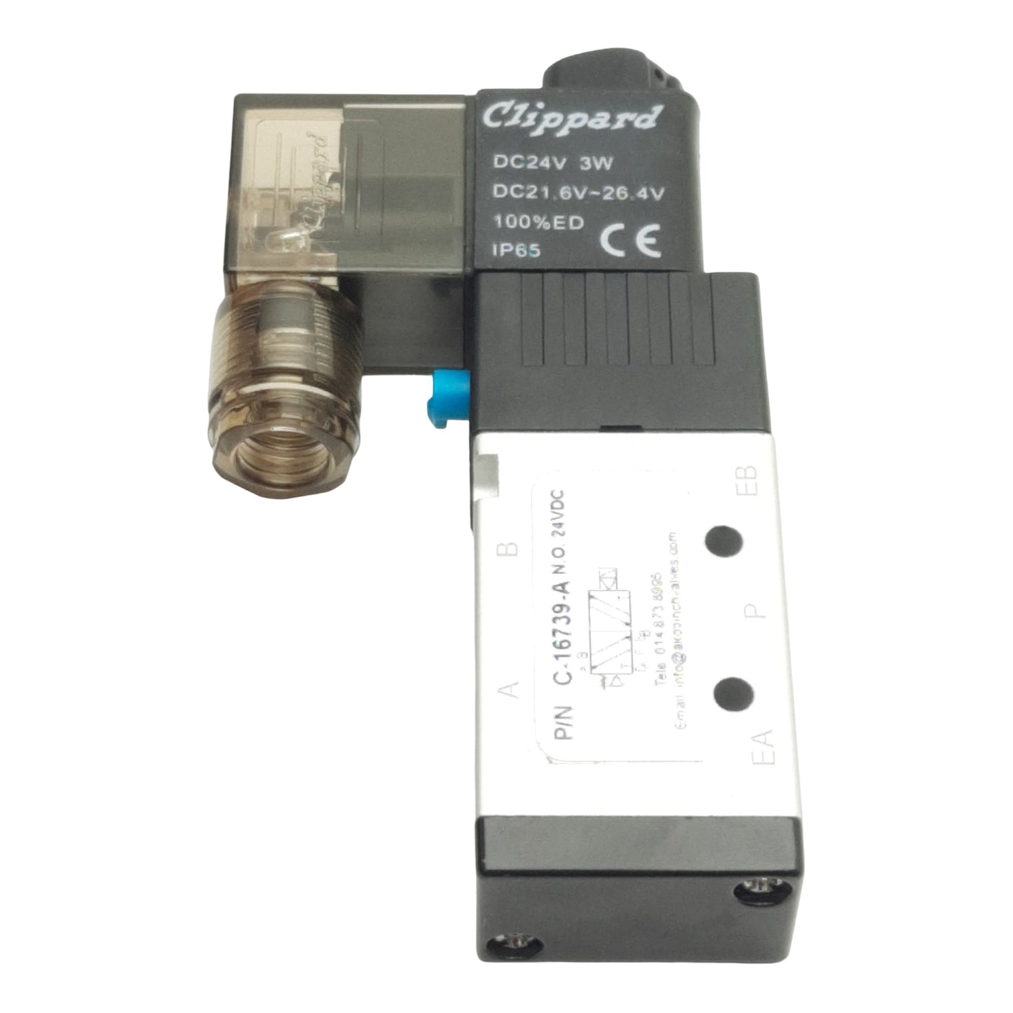 Used AKO Pinch C-16739-A Solenoid Valve, 3/2-Way NO, 20-120psi, 1/4in NPT, 24VDC Coil